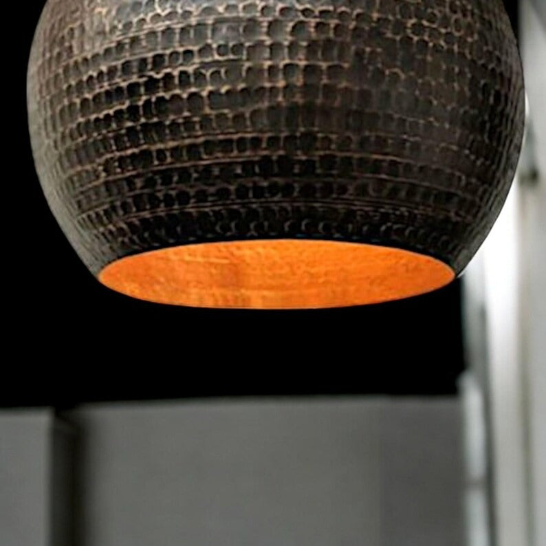 Handmade Moroccan Brass Globe Pendant Light – Hammered Black Ceiling Lamp with Warm Copper Interior and Modern Artisan Design