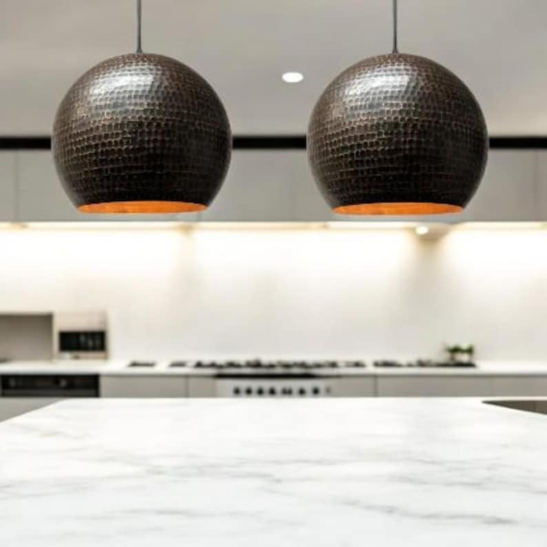 Handmade Moroccan Brass Globe Pendant Light – Hammered Black Ceiling Lamp with Warm Copper Interior and Modern Artisan Design