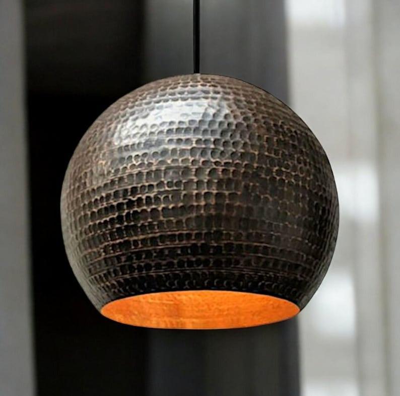 Handmade Moroccan Brass Globe Pendant Light – Hammered Black Ceiling Lamp with Warm Copper Interior and Modern Artisan Design