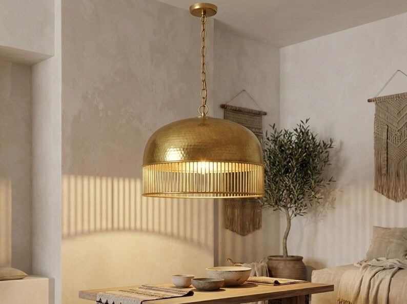 Hammered Brass Dome Pendant Light – Moroccan Slatted Kitchen Island Chandelier with Antique Gold Finish