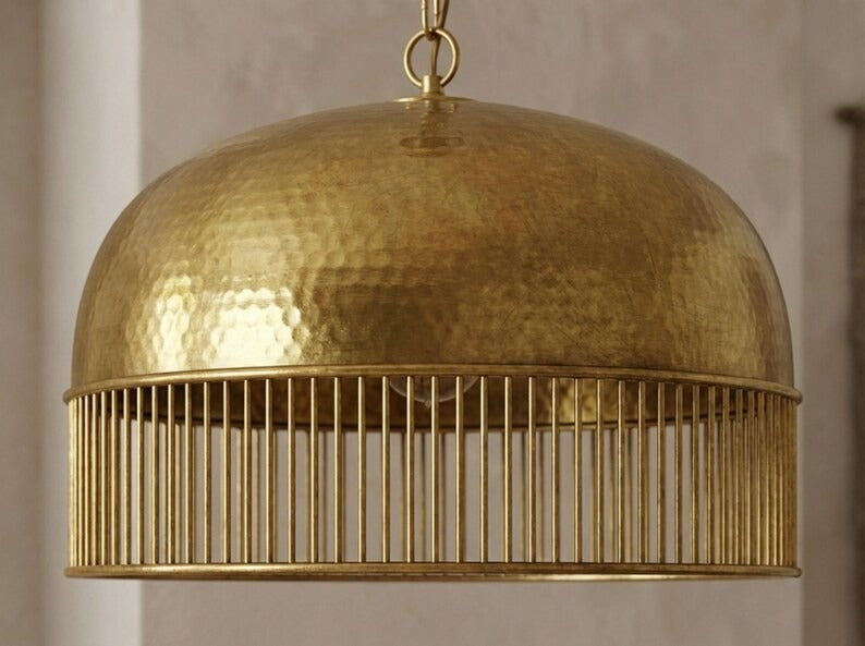 Hammered Brass Dome Pendant Light – Moroccan Slatted Kitchen Island Chandelier with Antique Gold Finish