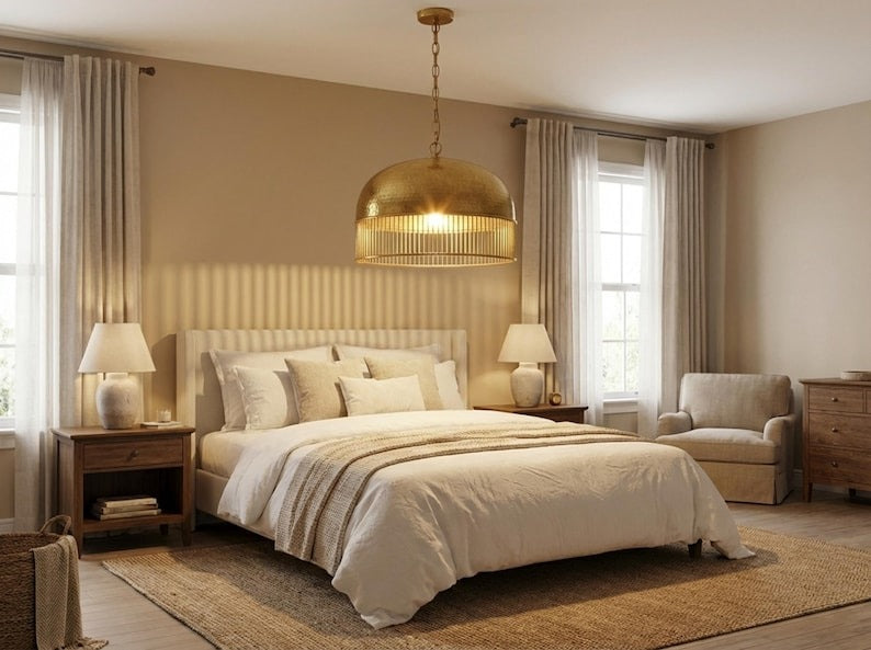 Hammered Brass Dome Pendant Light – Moroccan Slatted Kitchen Island Chandelier with Antique Gold Finish