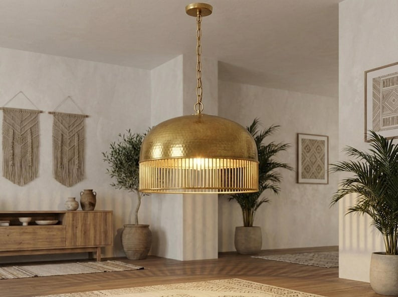 Hammered Brass Dome Pendant Light – Moroccan Slatted Kitchen Island Chandelier with Antique Gold Finish
