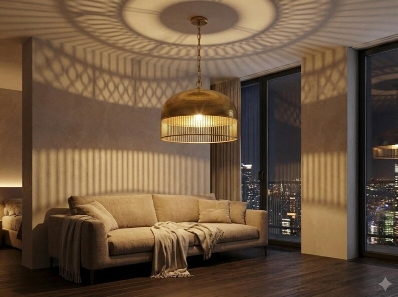 Hammered Brass Dome Pendant Light – Moroccan Slatted Kitchen Island Chandelier with Antique Gold Finish