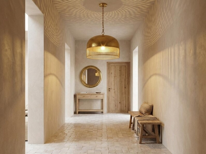 Hammered Brass Dome Pendant Light – Moroccan Slatted Kitchen Island Chandelier with Antique Gold Finish
