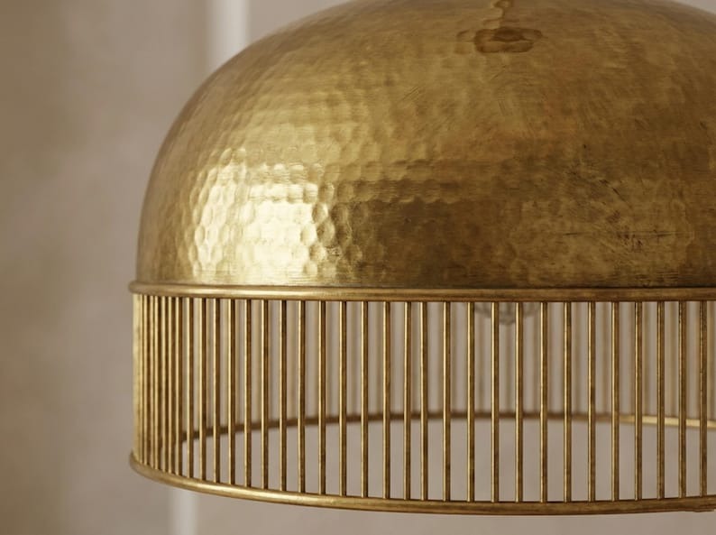 Hammered Brass Dome Pendant Light – Moroccan Slatted Kitchen Island Chandelier with Antique Gold Finish