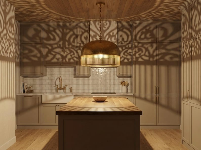 Hammered Brass Dome Pendant Light – Moroccan Slatted Kitchen Island Chandelier with Antique Gold Finish