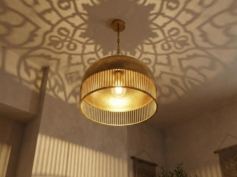 Hammered Brass Dome Pendant Light – Moroccan Slatted Kitchen Island Chandelier with Antique Gold Finish