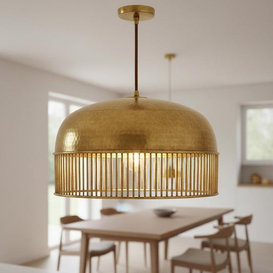 Hammered Brass Dome Pendant Light – Moroccan Slatted Kitchen Island Chandelier with Antique Gold Finish