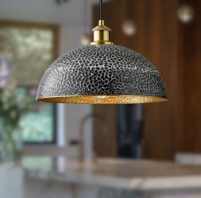 Handmade Black & White Hammered Brass Pendant Light – Moroccan Wide Dome Hanging Lamp with Gold Brass Interior for Kitchen Island, Dining Room & Boho Home Décor