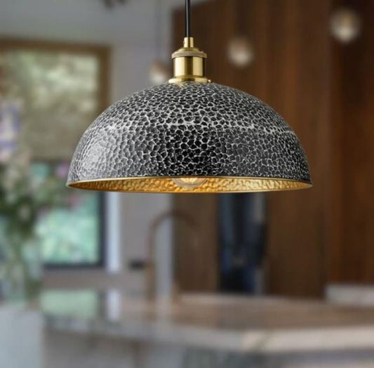 Handmade Black & White Hammered Brass Pendant Light – Moroccan Wide Dome Hanging Lamp with Gold Brass Interior for Kitchen Island, Dining Room & Boho Home Décor
