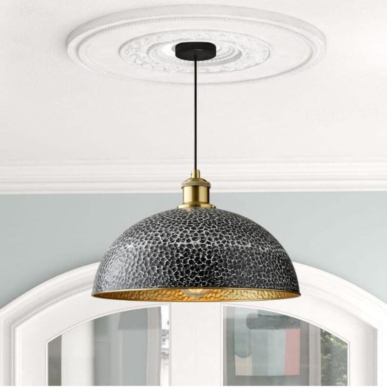Handmade Black & White Hammered Brass Pendant Light – Moroccan Wide Dome Hanging Lamp with Gold Brass Interior for Kitchen Island, Dining Room & Boho Home Décor