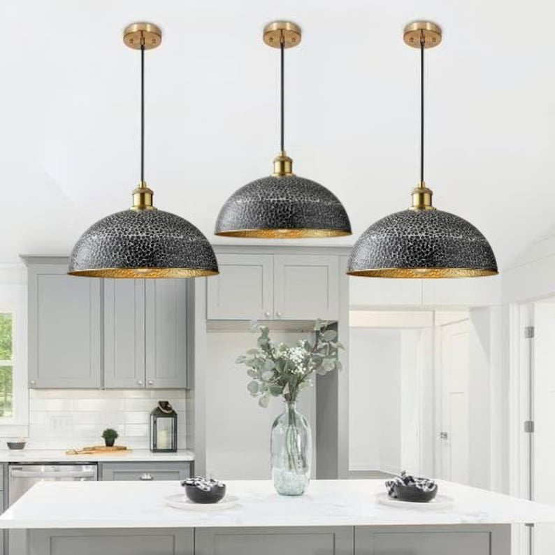 Handmade Black & White Hammered Brass Pendant Light – Moroccan Wide Dome Hanging Lamp with Gold Brass Interior for Kitchen Island, Dining Room & Boho Home Décor