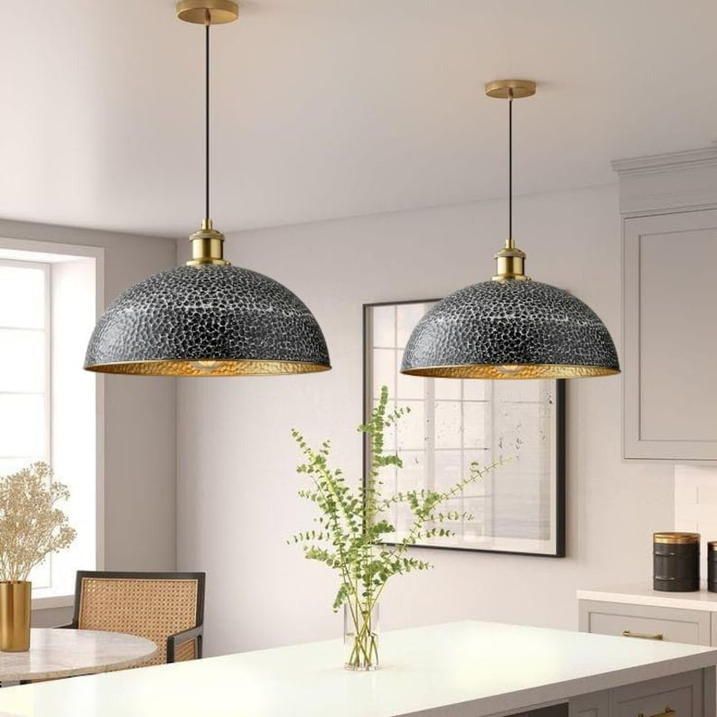 Handmade Black & White Hammered Brass Pendant Light – Moroccan Wide Dome Hanging Lamp with Gold Brass Interior for Kitchen Island, Dining Room & Boho Home Décor