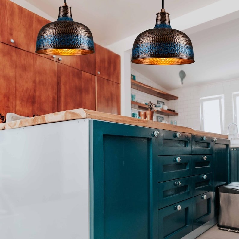 Handmade Moroccan Brass Dome Pendant Light – Hammered Copper and Deep Blue Patina Hanging Lamp with Warm Gold Interior for Kitchen Island, Dining Room & Living Room