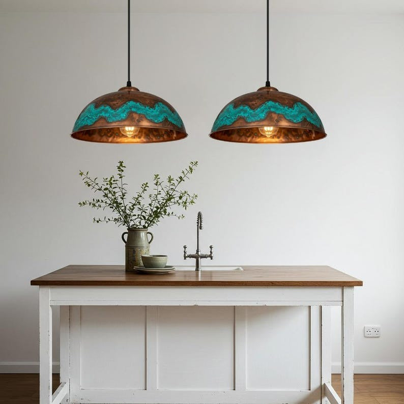 Verdigris Brass Dome Pendant Light – Hammered Copper Kitchen Island Chandelier with Turquoise Patina