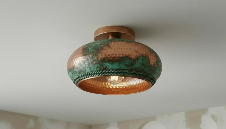 Handmade Moroccan Brass Flush Mount Ceiling Light – Hammered Copper Dome with Green Verdigris Patina and Braided Rope Detail