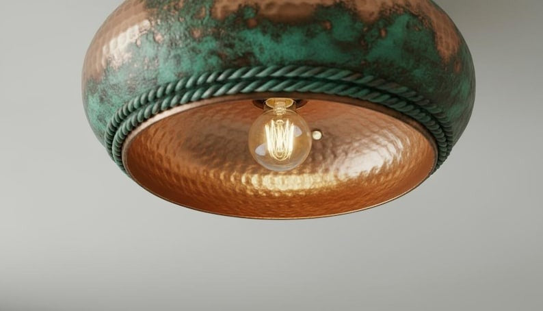 Handmade Moroccan Brass Flush Mount Ceiling Light – Hammered Copper Dome with Green Verdigris Patina and Braided Rope Detail