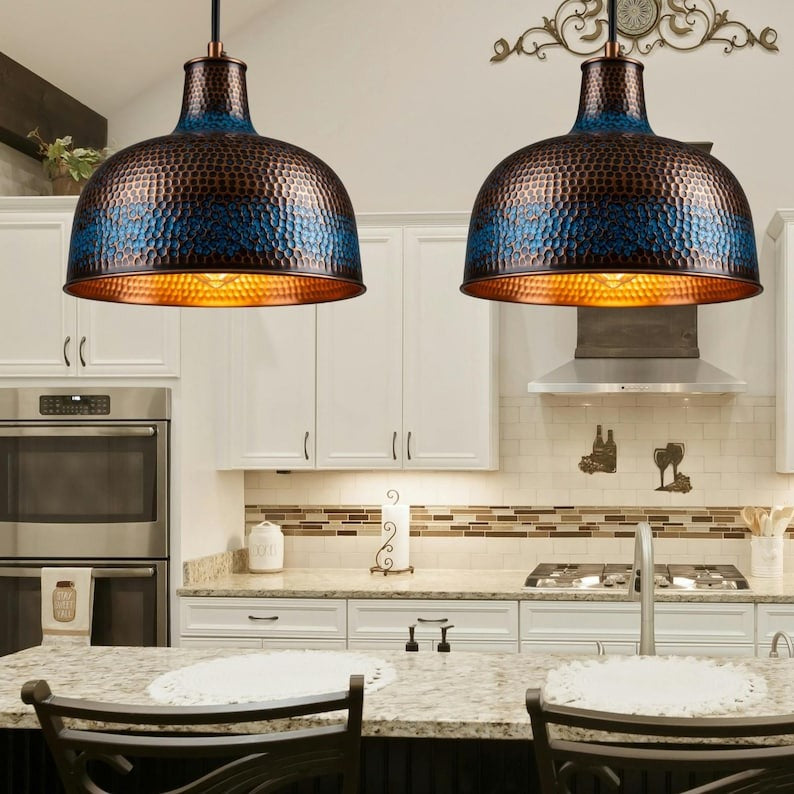 Handmade Moroccan Brass Dome Pendant Light – Hammered Copper and Deep Blue Patina Hanging Lamp with Warm Gold Interior for Kitchen Island, Dining Room & Living Room