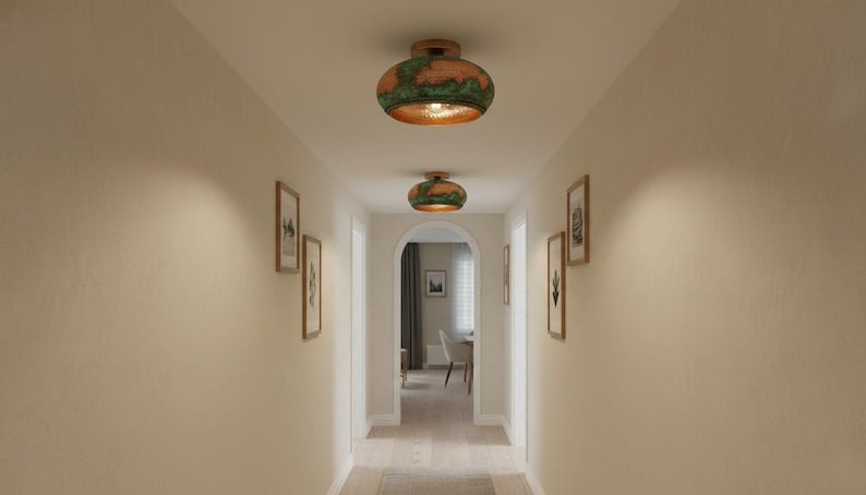 Handmade Moroccan Brass Flush Mount Ceiling Light – Hammered Copper Dome with Green Verdigris Patina and Braided Rope Detail