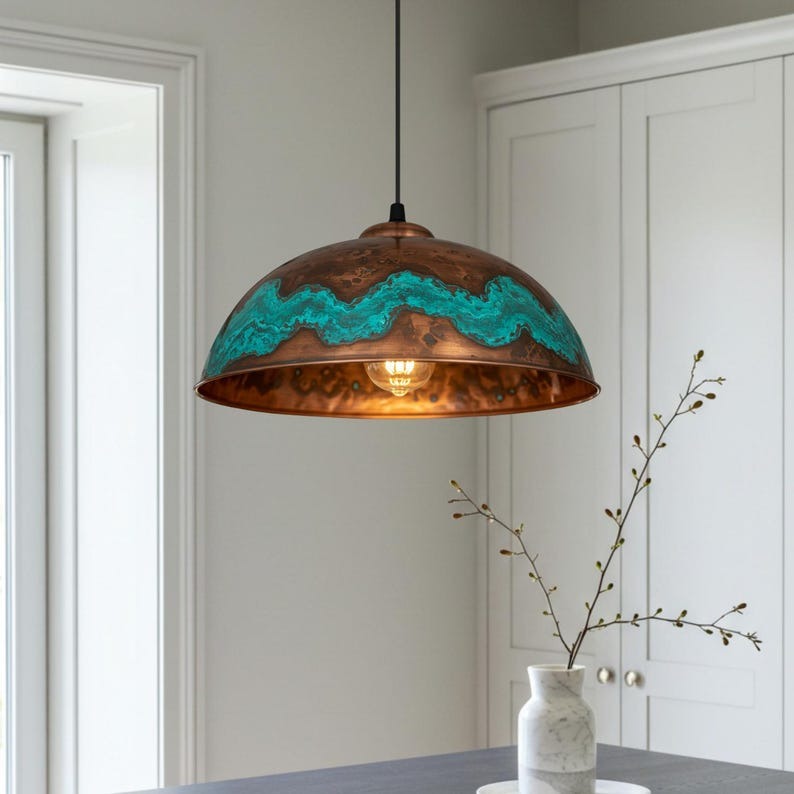 Verdigris Brass Dome Pendant Light – Hammered Copper Kitchen Island Chandelier with Turquoise Patina