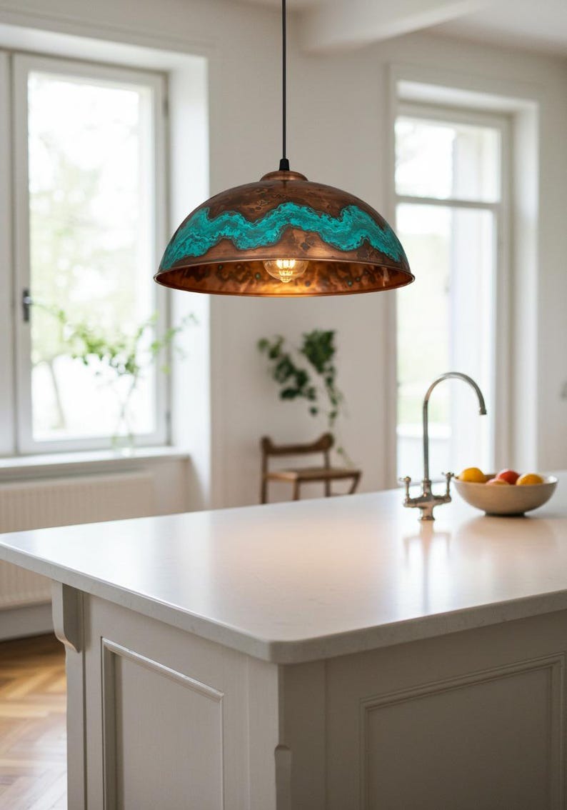Verdigris Brass Dome Pendant Light – Hammered Copper Kitchen Island Chandelier with Turquoise Patina