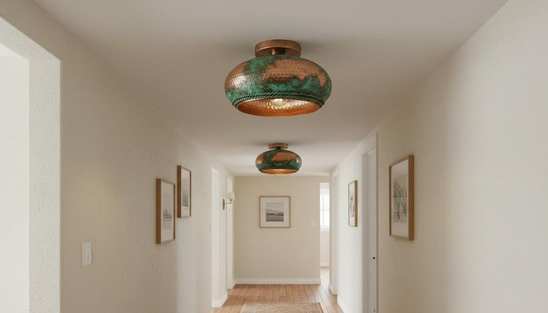 Handmade Moroccan Brass Flush Mount Ceiling Light – Hammered Copper Dome with Green Verdigris Patina and Braided Rope Detail