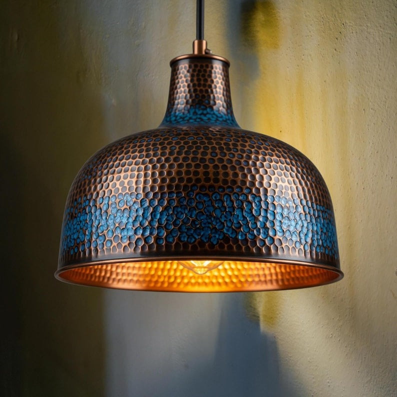 Handmade Moroccan Brass Dome Pendant Light – Hammered Copper and Deep Blue Patina Hanging Lamp with Warm Gold Interior for Kitchen Island, Dining Room & Living Room
