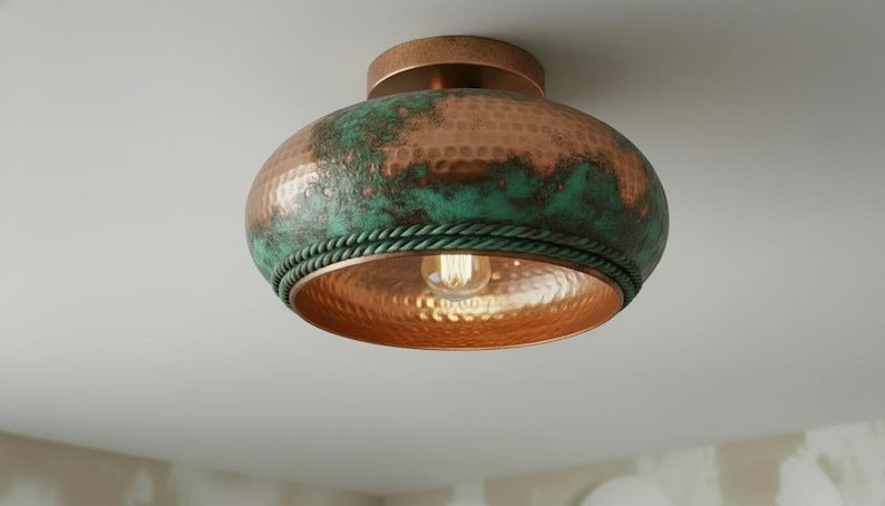 Handmade Moroccan Brass Flush Mount Ceiling Light – Hammered Copper Dome with Green Verdigris Patina and Braided Rope Detail