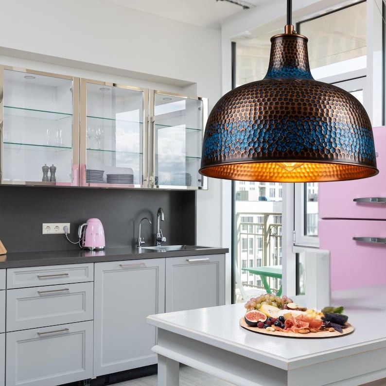 Handmade Moroccan Brass Dome Pendant Light – Hammered Copper and Deep Blue Patina Hanging Lamp with Warm Gold Interior for Kitchen Island, Dining Room & Living Room