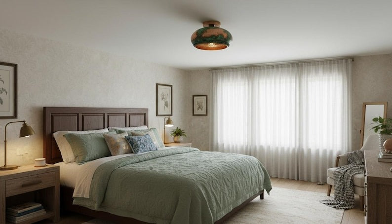 Handmade Moroccan Brass Flush Mount Ceiling Light – Hammered Copper Dome with Green Verdigris Patina and Braided Rope Detail