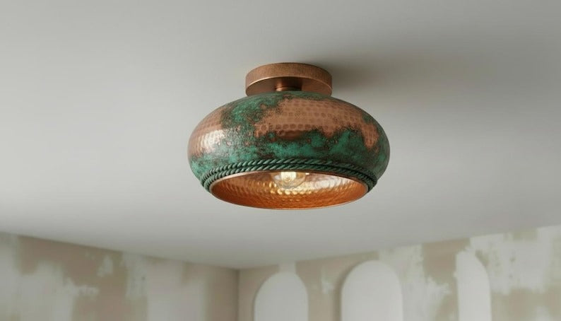 Handmade Moroccan Brass Flush Mount Ceiling Light – Hammered Copper Dome with Green Verdigris Patina and Braided Rope Detail