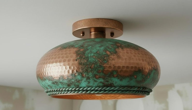 Handmade Moroccan Brass Flush Mount Ceiling Light – Hammered Copper Dome with Green Verdigris Patina and Braided Rope Detail