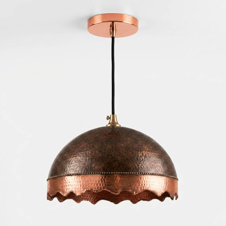 Handmade Moroccan Brass Dome Pendant Light – Hammered Dark Bronze and Copper Brass Hanging Lamp with Scalloped Edge, Rustic Boho Ceiling Light for Kitchen Island, Dining Room & Living Room