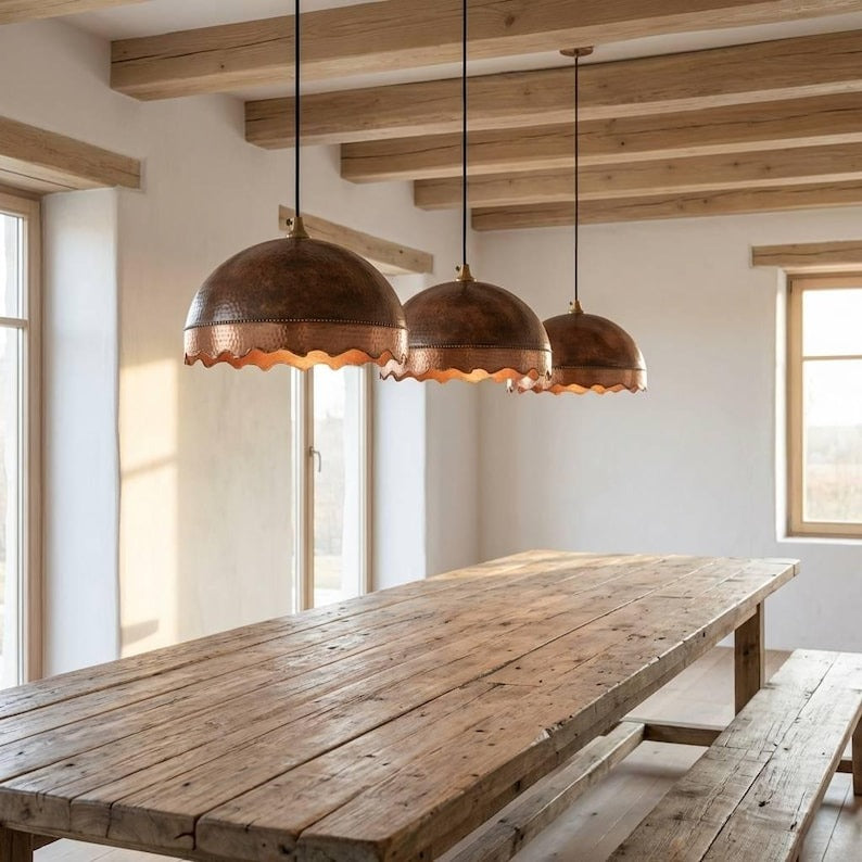 Handmade Moroccan Brass Dome Pendant Light – Hammered Dark Bronze and Copper Brass Hanging Lamp with Scalloped Edge, Rustic Boho Ceiling Light for Kitchen Island, Dining Room & Living Room