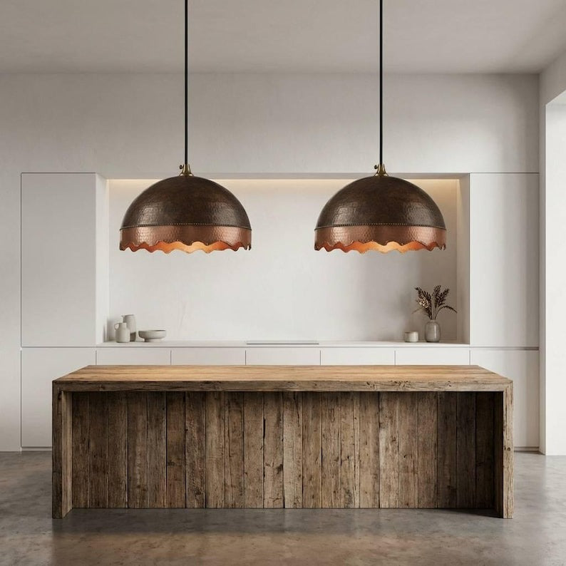 Handmade Moroccan Brass Dome Pendant Light – Hammered Dark Bronze and Copper Brass Hanging Lamp with Scalloped Edge, Rustic Boho Ceiling Light for Kitchen Island, Dining Room & Living Room