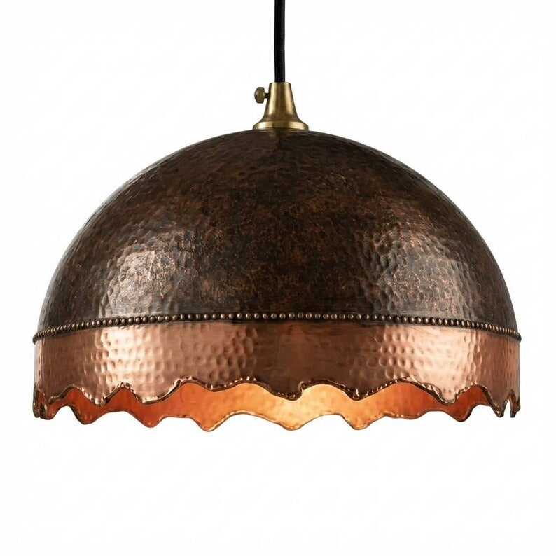 Handmade Moroccan Brass Dome Pendant Light – Hammered Dark Bronze and Copper Brass Hanging Lamp with Scalloped Edge, Rustic Boho Ceiling Light for Kitchen Island, Dining Room & Living Room
