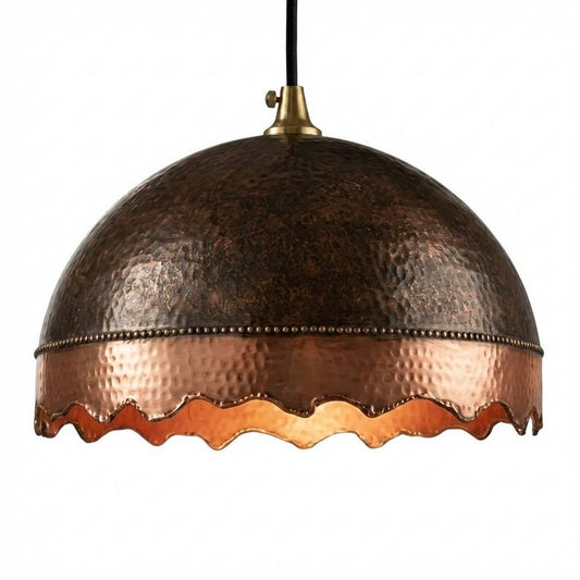 Handmade Moroccan Brass Dome Pendant Light – Hammered Dark Bronze and Copper Brass Hanging Lamp with Scalloped Edge, Rustic Boho Ceiling Light for Kitchen Island, Dining Room & Living Room