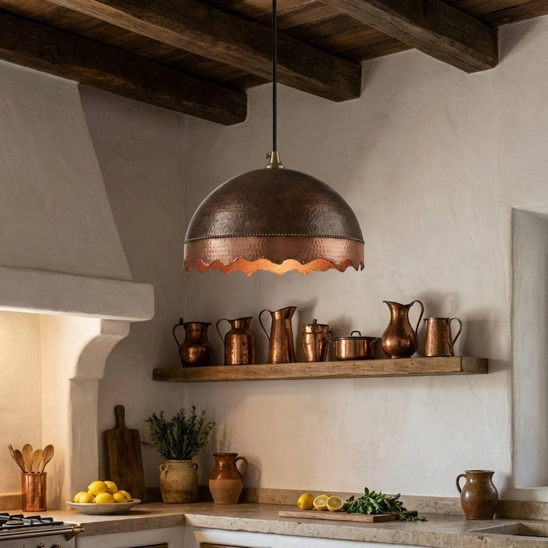 Handmade Moroccan Brass Dome Pendant Light – Hammered Dark Bronze and Copper Brass Hanging Lamp with Scalloped Edge, Rustic Boho Ceiling Light for Kitchen Island, Dining Room & Living Room