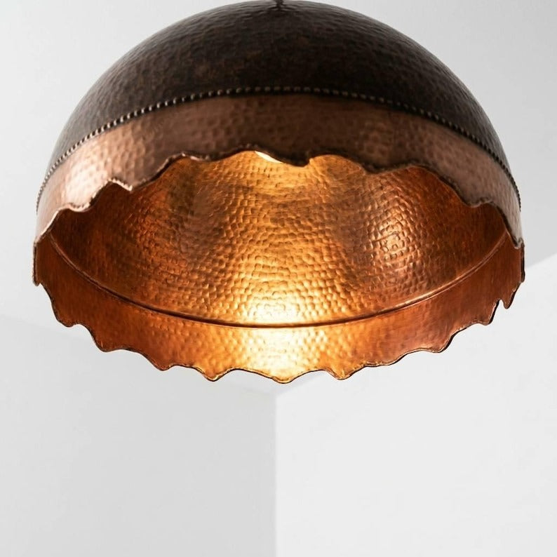 Handmade Moroccan Brass Dome Pendant Light – Hammered Dark Bronze and Copper Brass Hanging Lamp with Scalloped Edge, Rustic Boho Ceiling Light for Kitchen Island, Dining Room & Living Room