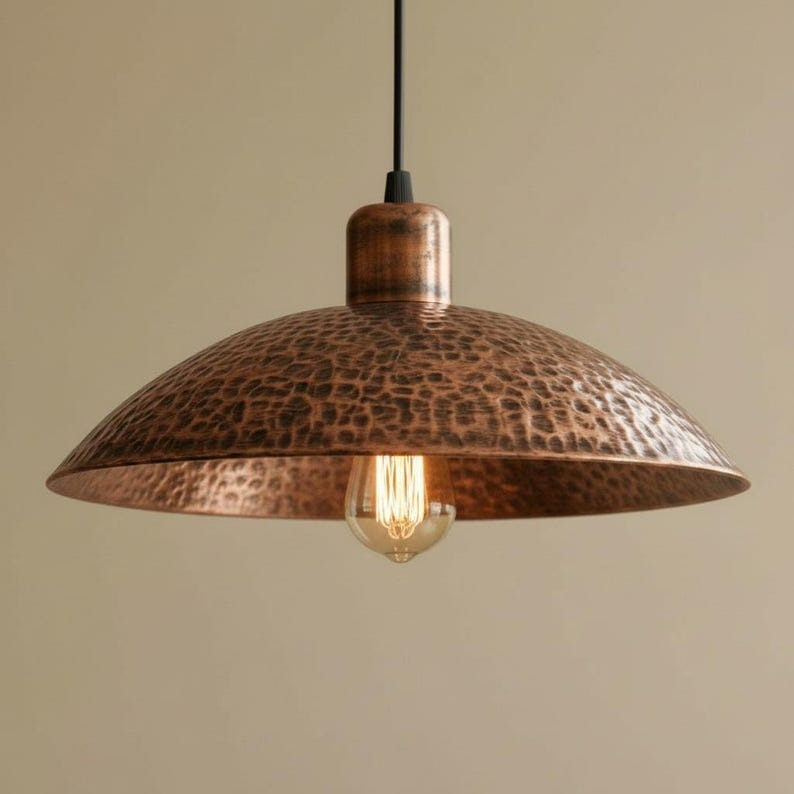 Set of 2 Handmade Moroccan Brass Pendant Lights – Hammered Dark Copper Wide Dome Ceiling Lamps, Rustic Kitchen Island & Dining Room Lighting