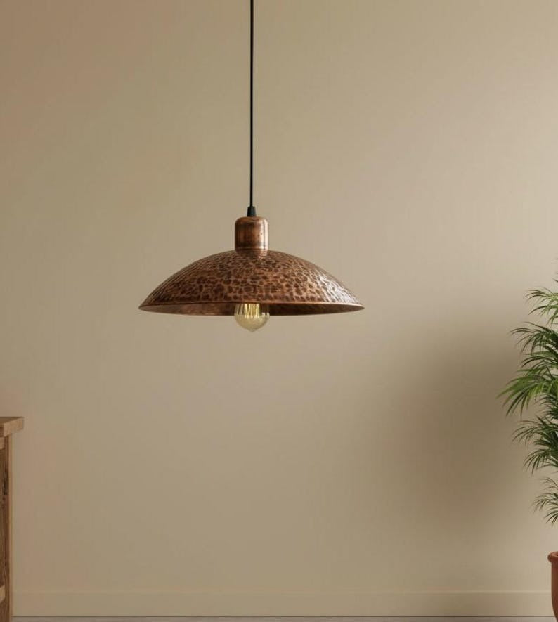 Set of 2 Handmade Moroccan Brass Pendant Lights – Hammered Dark Copper Wide Dome Ceiling Lamps, Rustic Kitchen Island & Dining Room Lighting
