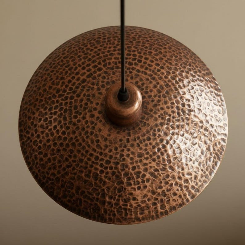 Set of 2 Handmade Moroccan Brass Pendant Lights – Hammered Dark Copper Wide Dome Ceiling Lamps, Rustic Kitchen Island & Dining Room Lighting