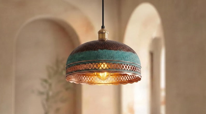 Handmade Moroccan Brass Pendant Light – Verdigris Dome Ceiling Lamp with Pierced Diamond Lattice, Antique Copper Trim & Scalloped Edge