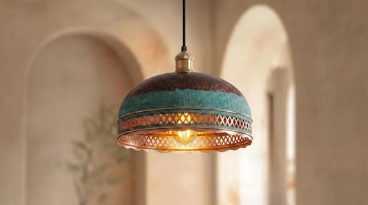 Handmade Moroccan Brass Pendant Light – Verdigris Dome Ceiling Lamp with Pierced Diamond Lattice, Antique Copper Trim & Scalloped Edge