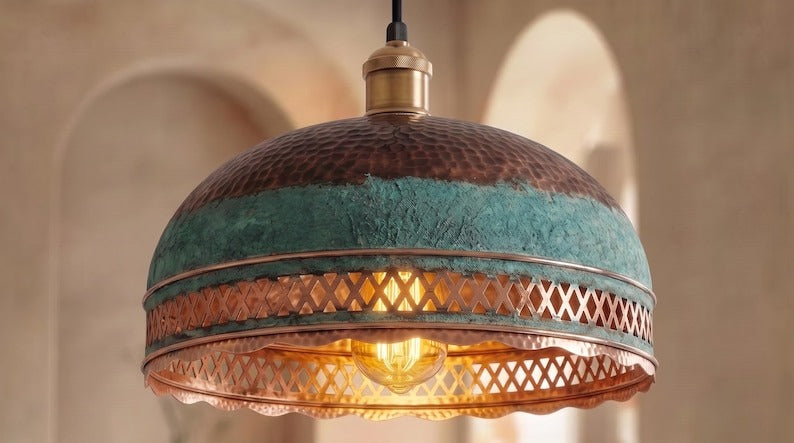 Handmade Moroccan Brass Pendant Light – Verdigris Dome Ceiling Lamp with Pierced Diamond Lattice, Antique Copper Trim & Scalloped Edge