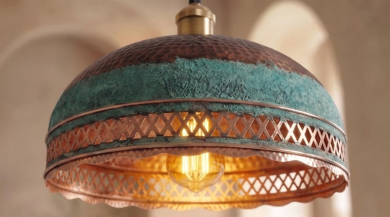 Handmade Moroccan Brass Pendant Light – Verdigris Dome Ceiling Lamp with Pierced Diamond Lattice, Antique Copper Trim & Scalloped Edge