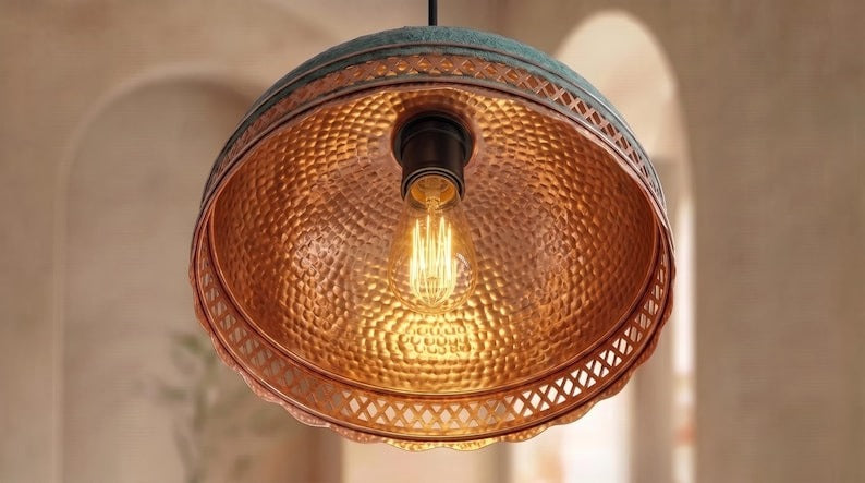 Handmade Moroccan Brass Pendant Light – Verdigris Dome Ceiling Lamp with Pierced Diamond Lattice, Antique Copper Trim & Scalloped Edge