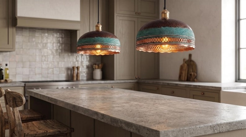 Handmade Moroccan Brass Pendant Light – Verdigris Dome Ceiling Lamp with Pierced Diamond Lattice, Antique Copper Trim & Scalloped Edge