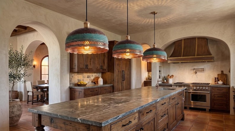 Handmade Moroccan Brass Pendant Light – Verdigris Dome Ceiling Lamp with Pierced Diamond Lattice, Antique Copper Trim & Scalloped Edge